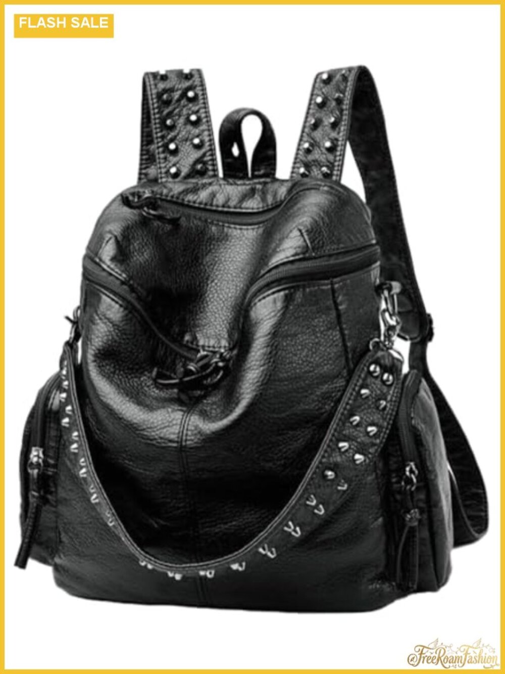 Studded Vegan PU Leather Convertible Backpack Purse Travel Daypack